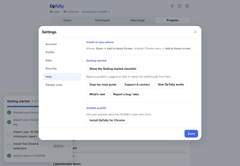 Settings → Help with the extension section
