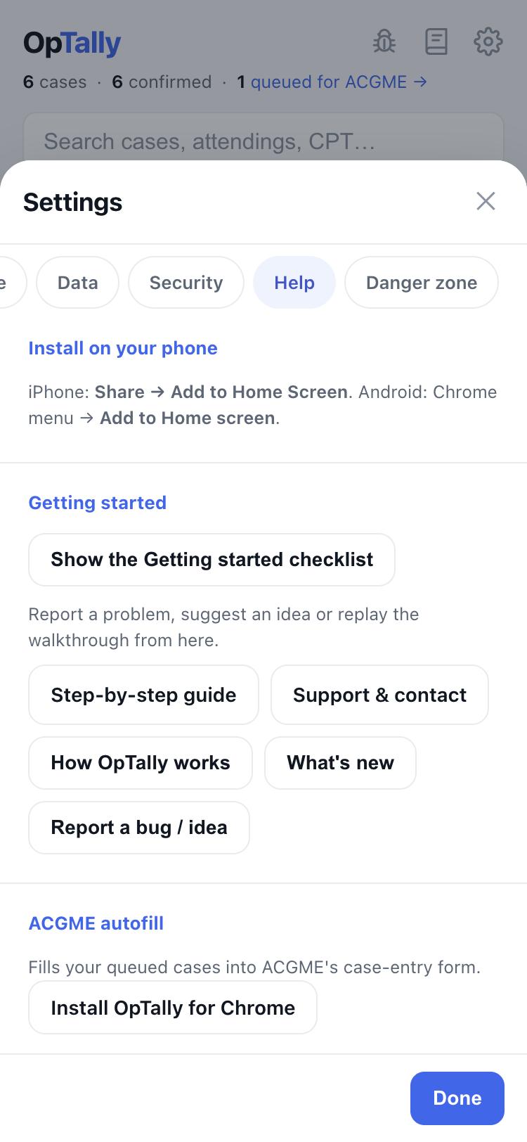 Settings → Help on a phone