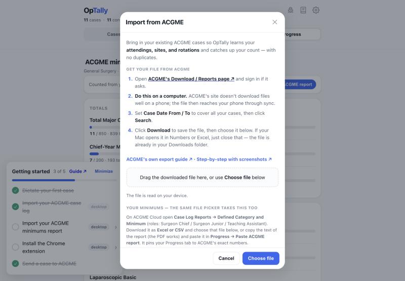 OpTally's import guide with the drop zone