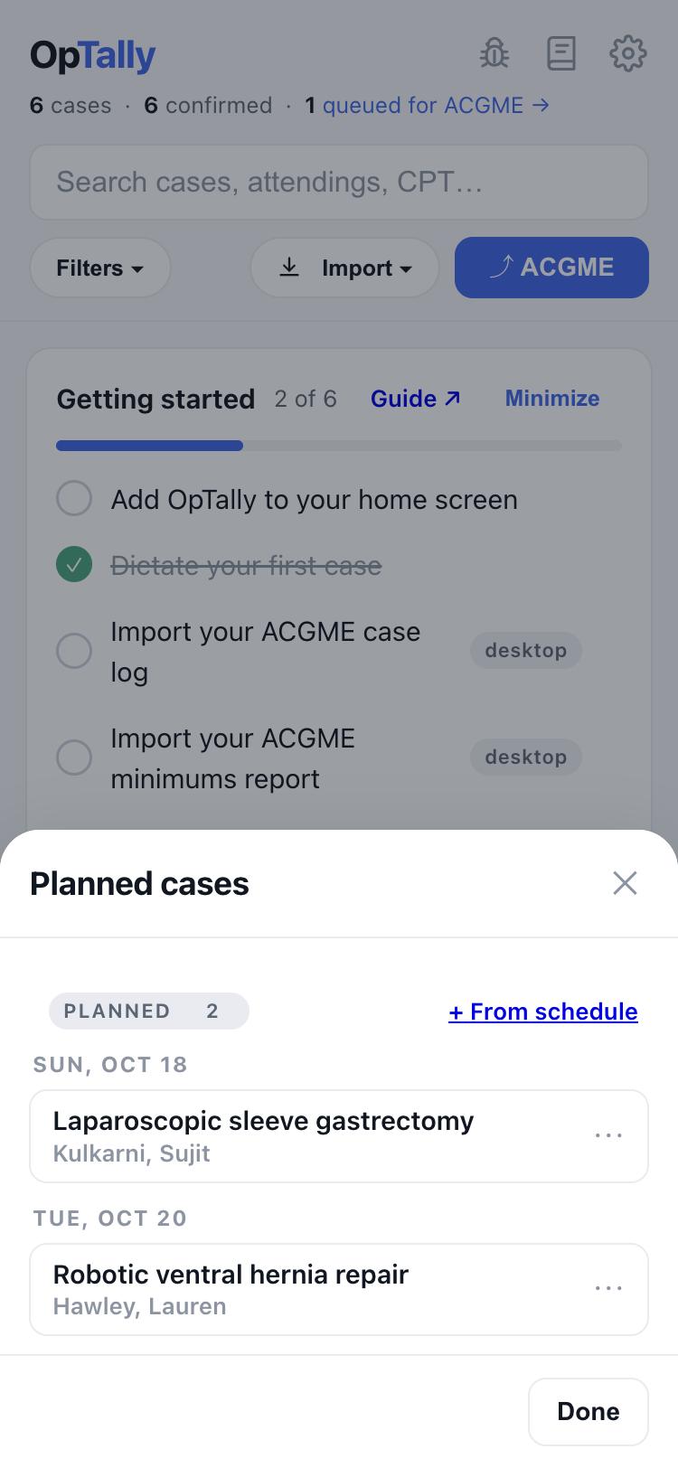 The planned cases sheet, grouped by day