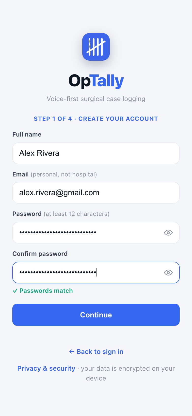 Sign-up step 1: name, email, password